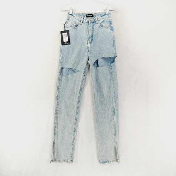 NEW PrettyLittleThing Light Blue Wash Thigh Rip Distressed Split Hem Jeans P614 - Picture 2 of 10
